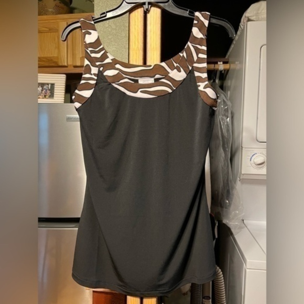 EUC vintage Spiegel dressy black tank camisole animal print collar and straps S